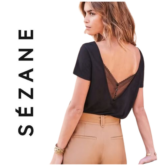 Sezane Tops - New Sezane Lucie Linen Top Tee T Shirt Sz XL Black Deep V Lace Button Trim NWOT